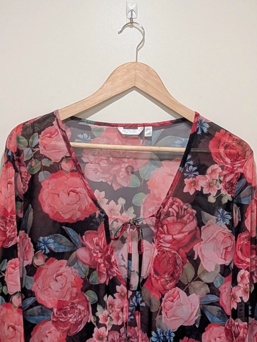 EUC La Vie En Rose Aqua M Sheer Black and Pink Rose Print Beach Dress - Picture 2 of 8